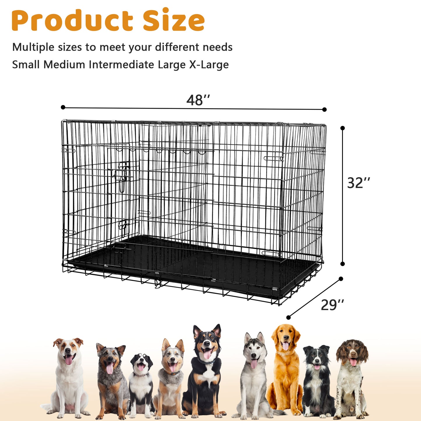 48-Inch Foldable Dog Crate for Large Breeds with Double Doors and Plastic Tray - Outdoor Metal Wire Kennel with Handle, Black