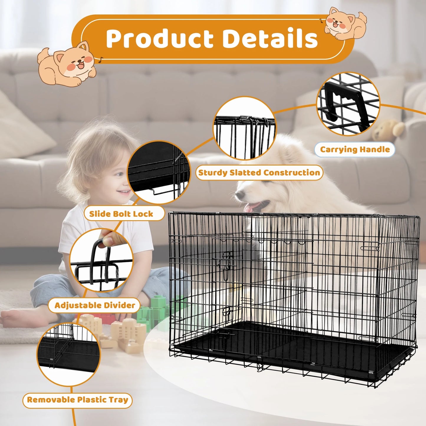 48-Inch Foldable Dog Crate for Large Breeds with Double Doors and Plastic Tray - Outdoor Metal Wire Kennel with Handle, Black