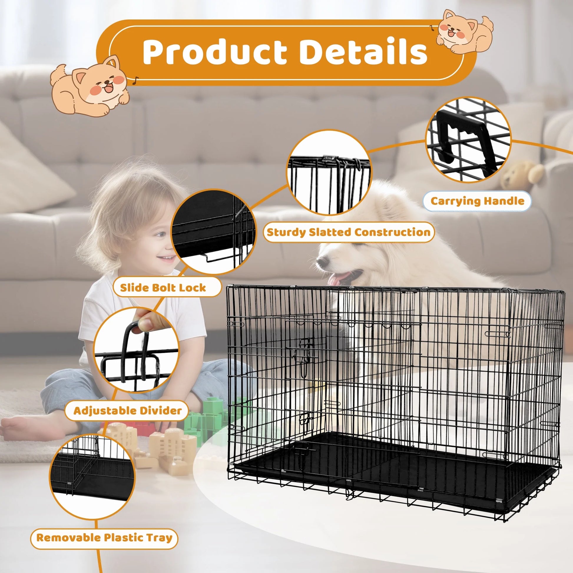48-Inch Foldable Dog Crate for Large Breeds with Double Doors and Plastic Tray - Outdoor Metal Wire Kennel with Handle, Black