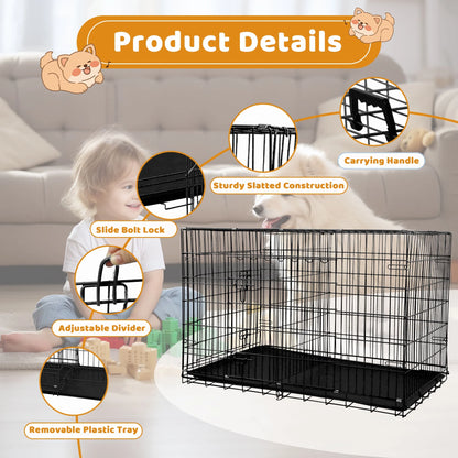48-Inch Foldable Dog Crate for Large Breeds with Double Doors and Plastic Tray - Outdoor Metal Wire Kennel with Handle, Black