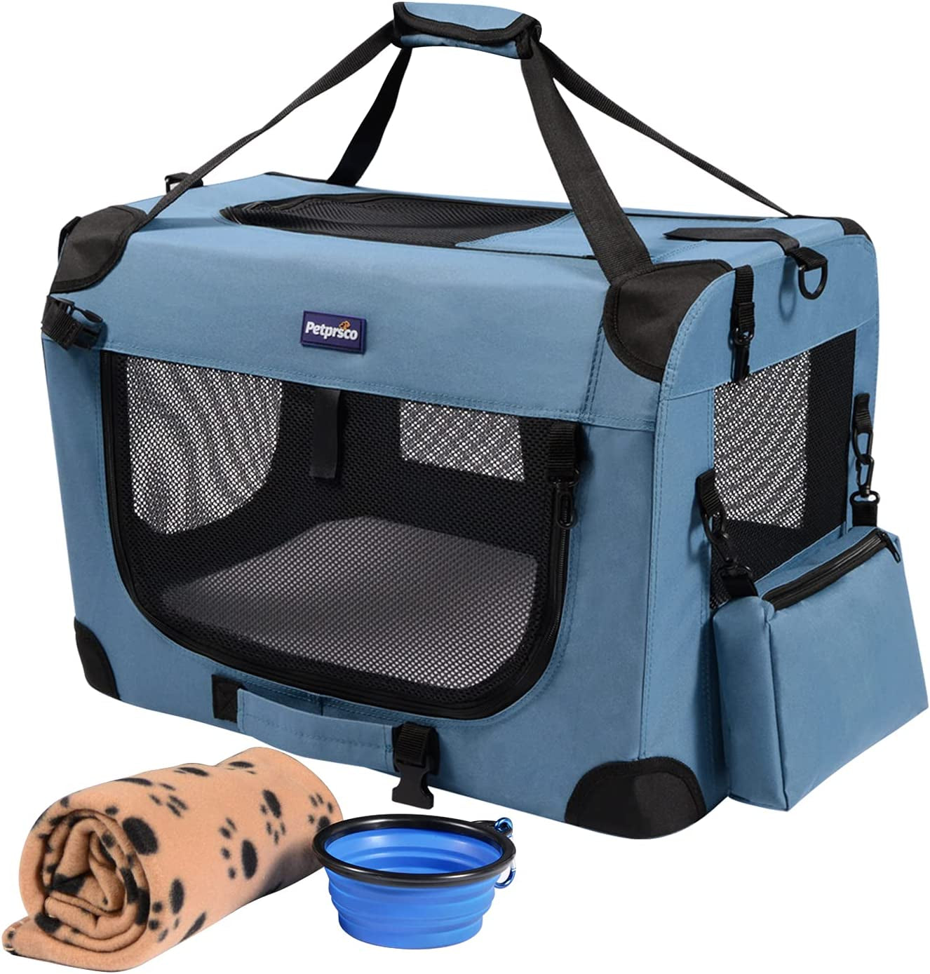 Portable Collapsible Dog Crate, 24" Soft Dog Crate for Car Travel | Small Dog Crate Kennel 24”*17”*17” with Soft Blanket and Foldable Bowl for Large Cats & Small Dogs Indoor and Outdoor Use