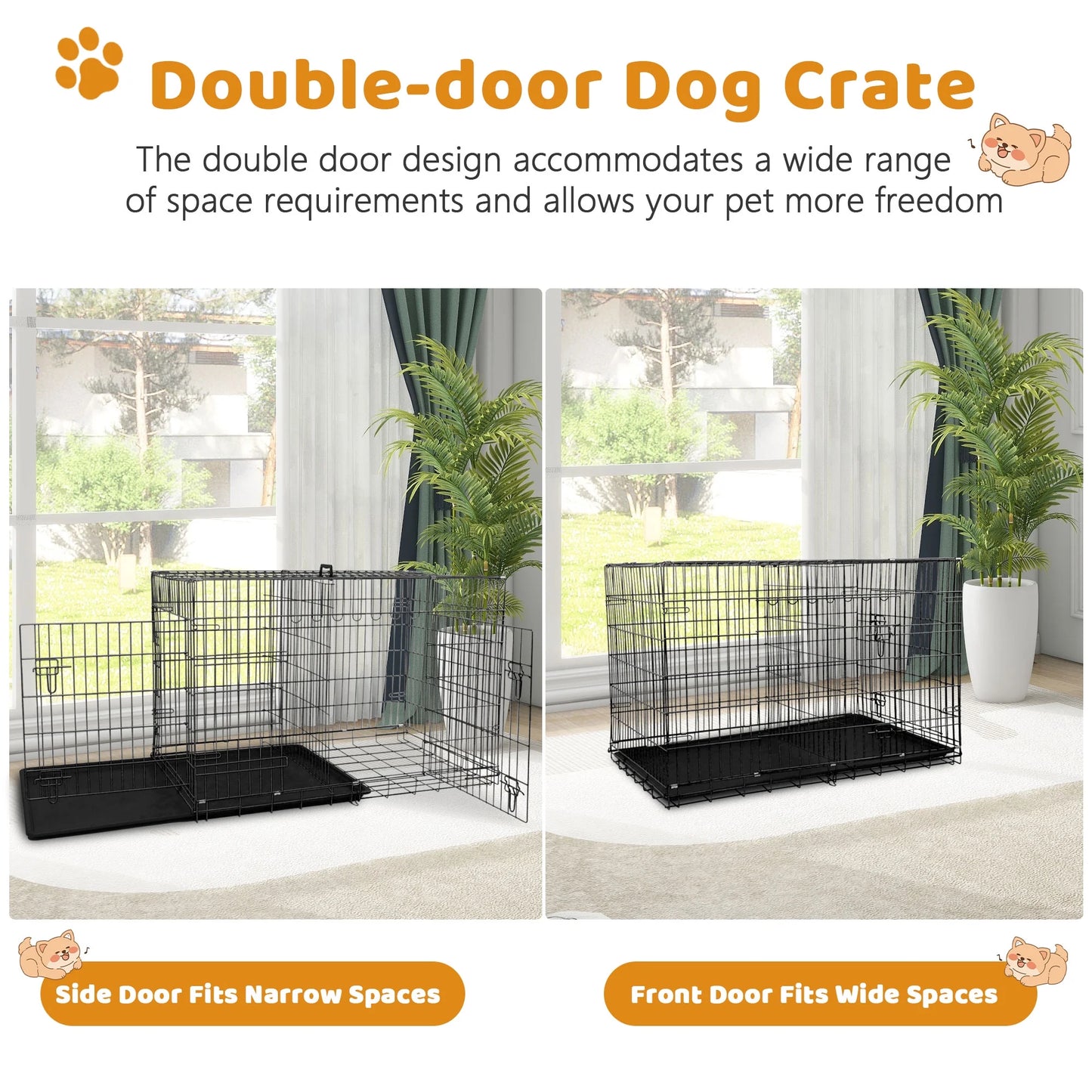 48-Inch Foldable Dog Crate for Large Breeds with Double Doors and Plastic Tray - Outdoor Metal Wire Kennel with Handle, Black