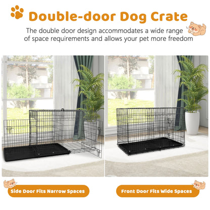48-Inch Foldable Dog Crate for Large Breeds with Double Doors and Plastic Tray - Outdoor Metal Wire Kennel with Handle, Black