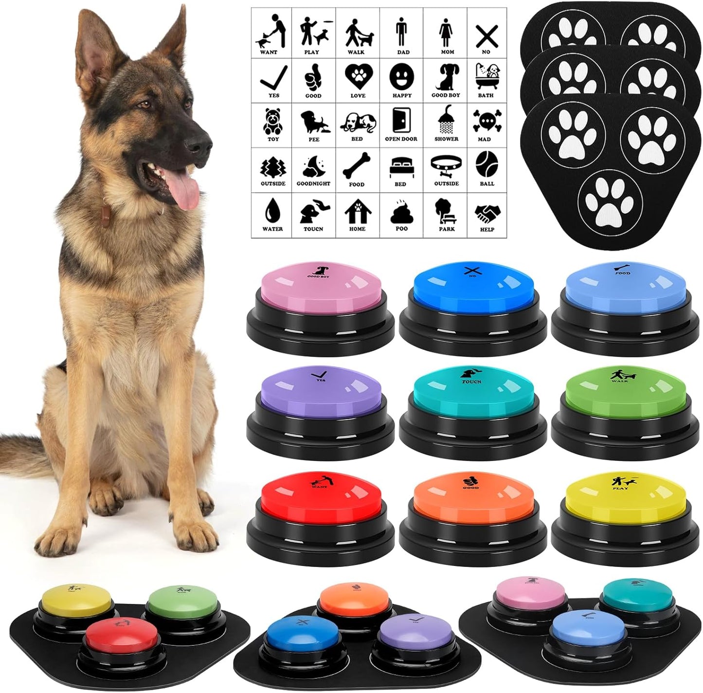 Dog Communication Buttons Set - 9 Piece Talking Button Kit with 30 Seconds Voice Recording, Scene Stickers, and Waterproof Anti-Slip Mat for Effective Pet Training