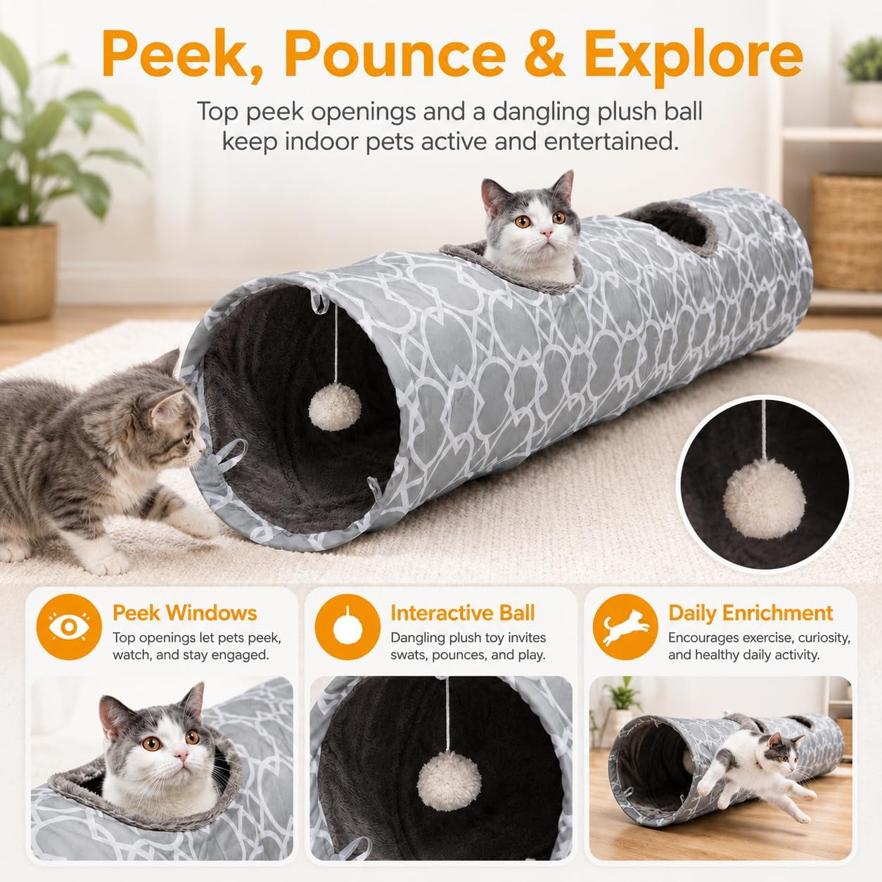 Geometric Collapsible Cat Tunnel with Plush Interior and Balls, Suitable for Kittens, Rabbits, Ferrets, and Puppies, Diameter 9.8 Inches