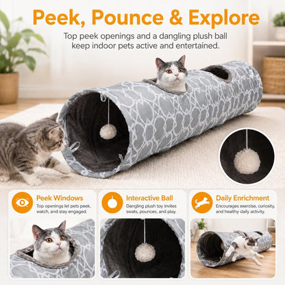 Geometric Collapsible Cat Tunnel with Plush Interior and Balls, Suitable for Kittens, Rabbits, Ferrets, and Puppies, Diameter 9.8 Inches