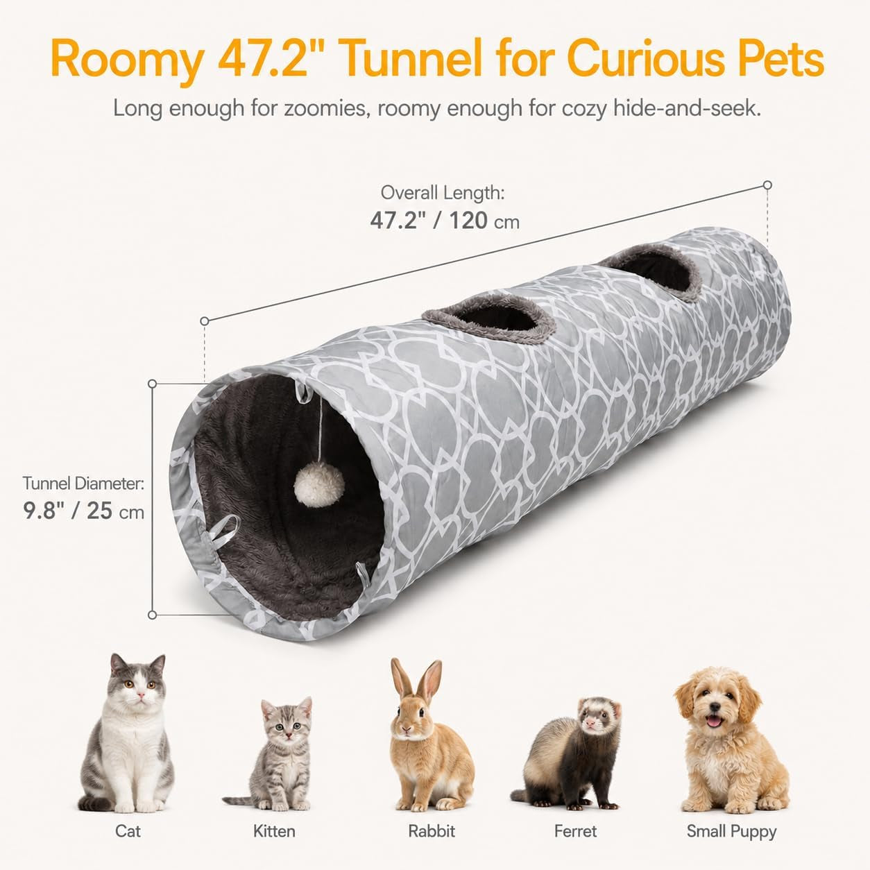 Geometric Collapsible Cat Tunnel with Plush Interior and Balls, Suitable for Kittens, Rabbits, Ferrets, and Puppies, Diameter 9.8 Inches