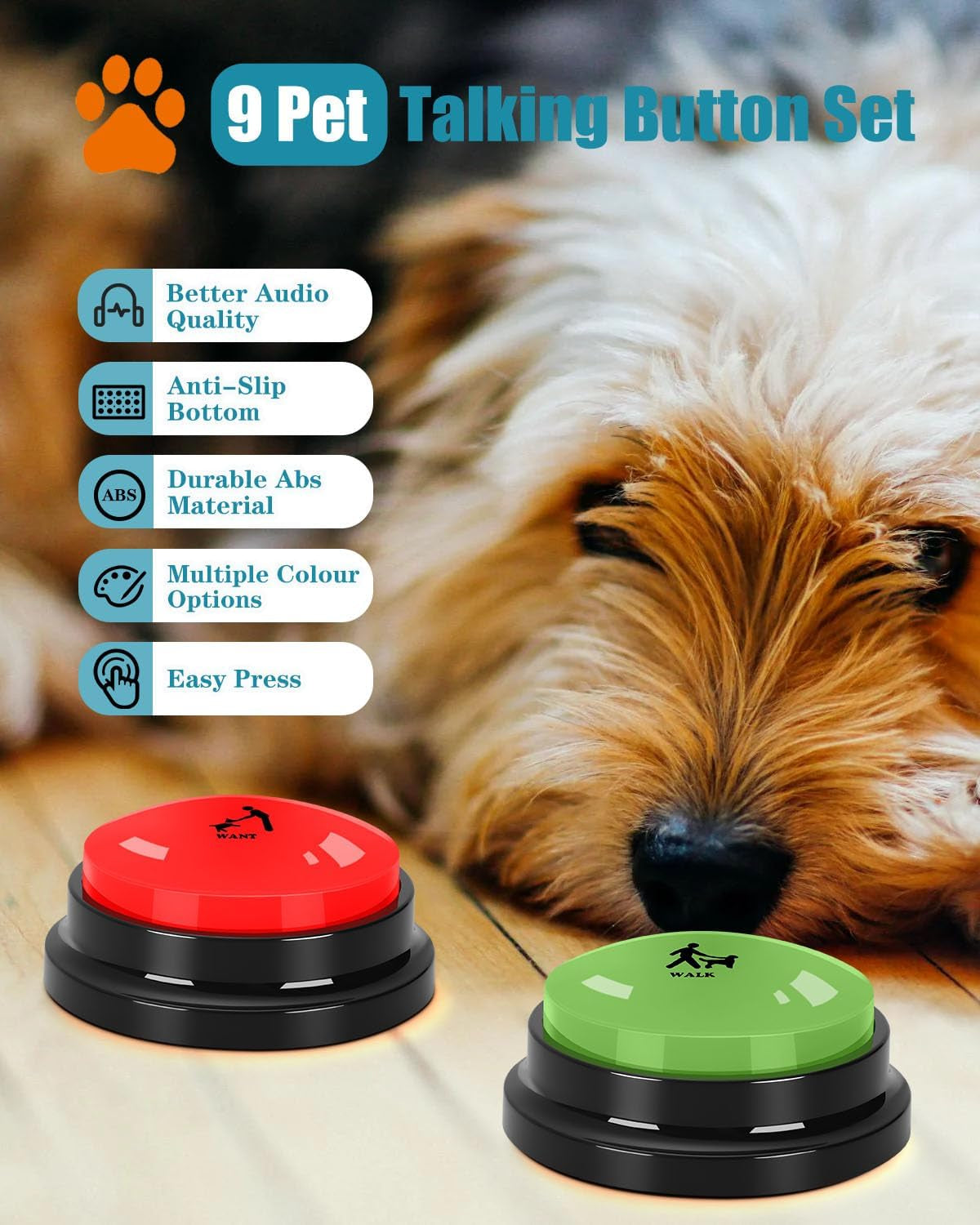 Dog Communication Buttons Set - 9 Piece Talking Button Kit with 30 Seconds Voice Recording, Scene Stickers, and Waterproof Anti-Slip Mat for Effective Pet Training