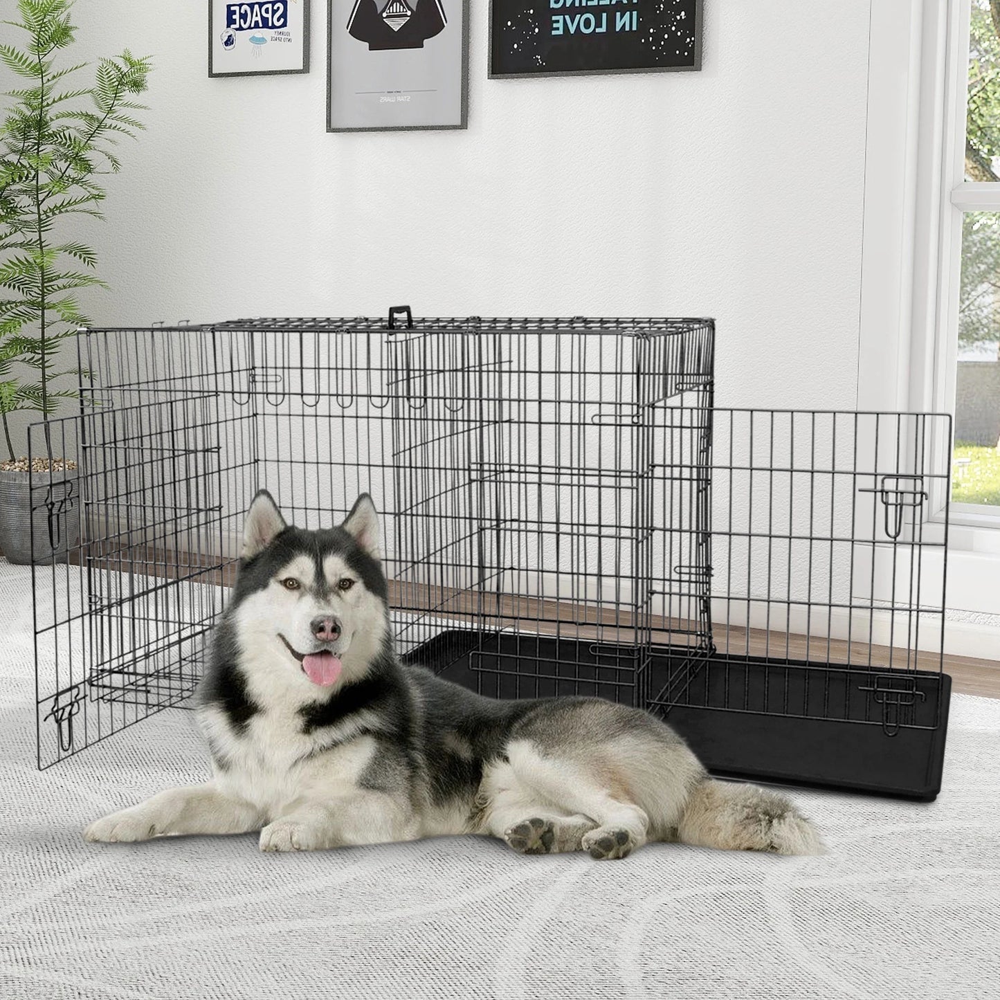 48-Inch Foldable Dog Crate for Large Breeds with Double Doors and Plastic Tray - Outdoor Metal Wire Kennel with Handle, Black