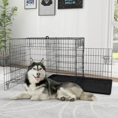 48-Inch Foldable Dog Crate for Large Breeds with Double Doors and Plastic Tray - Outdoor Metal Wire Kennel with Handle, Black