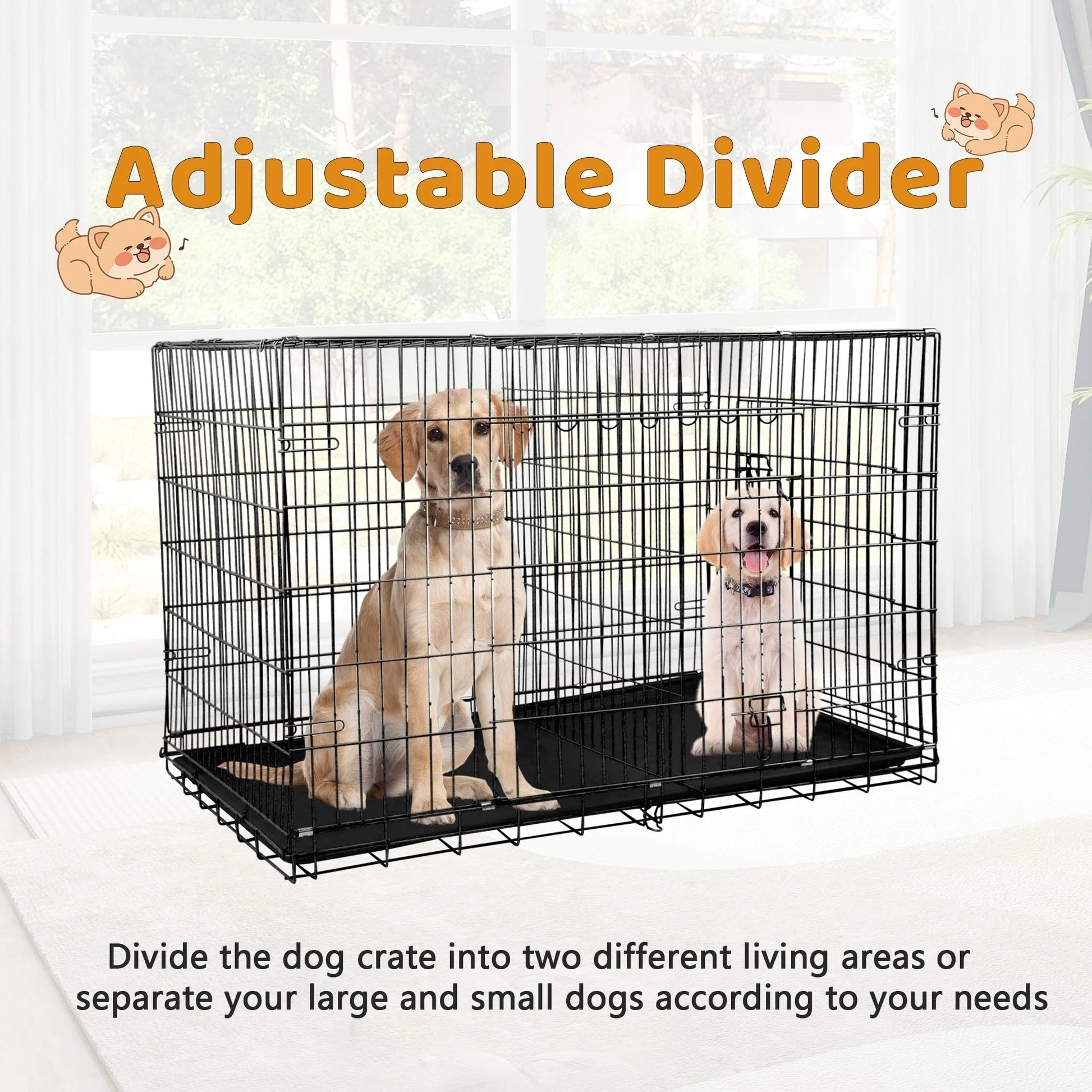 48-Inch Foldable Dog Crate for Large Breeds with Double Doors and Plastic Tray - Outdoor Metal Wire Kennel with Handle, Black