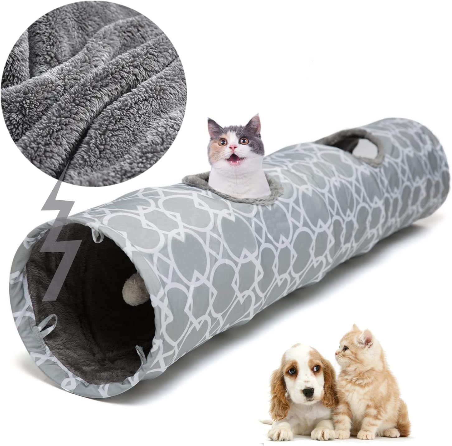 Geometric Collapsible Cat Tunnel with Plush Interior and Balls, Suitable for Kittens, Rabbits, Ferrets, and Puppies, Diameter 9.8 Inches