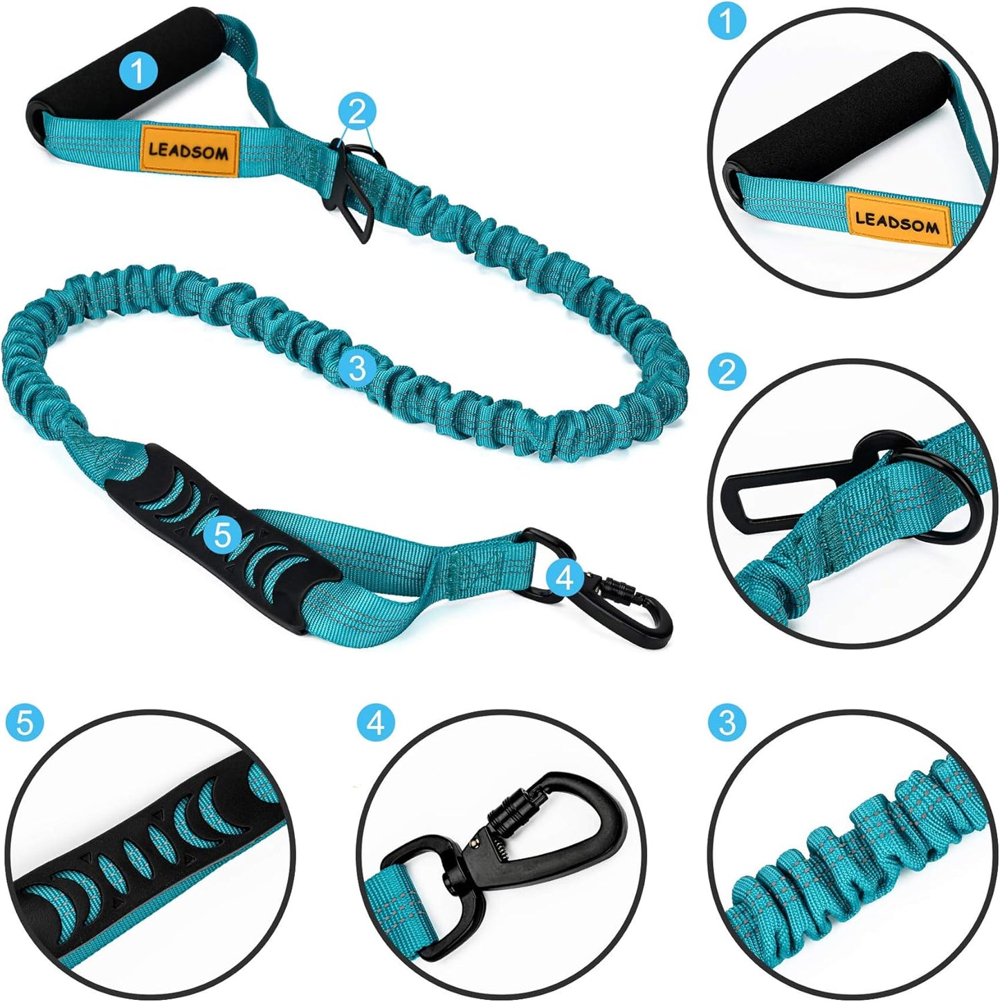 6FT Heavy-Duty Elastic Bungee Dog Leash with Shock Absorption, Padded Comfort Handle, and Traffic Control Handle for Medium and Large Dogs - Ideal for Training