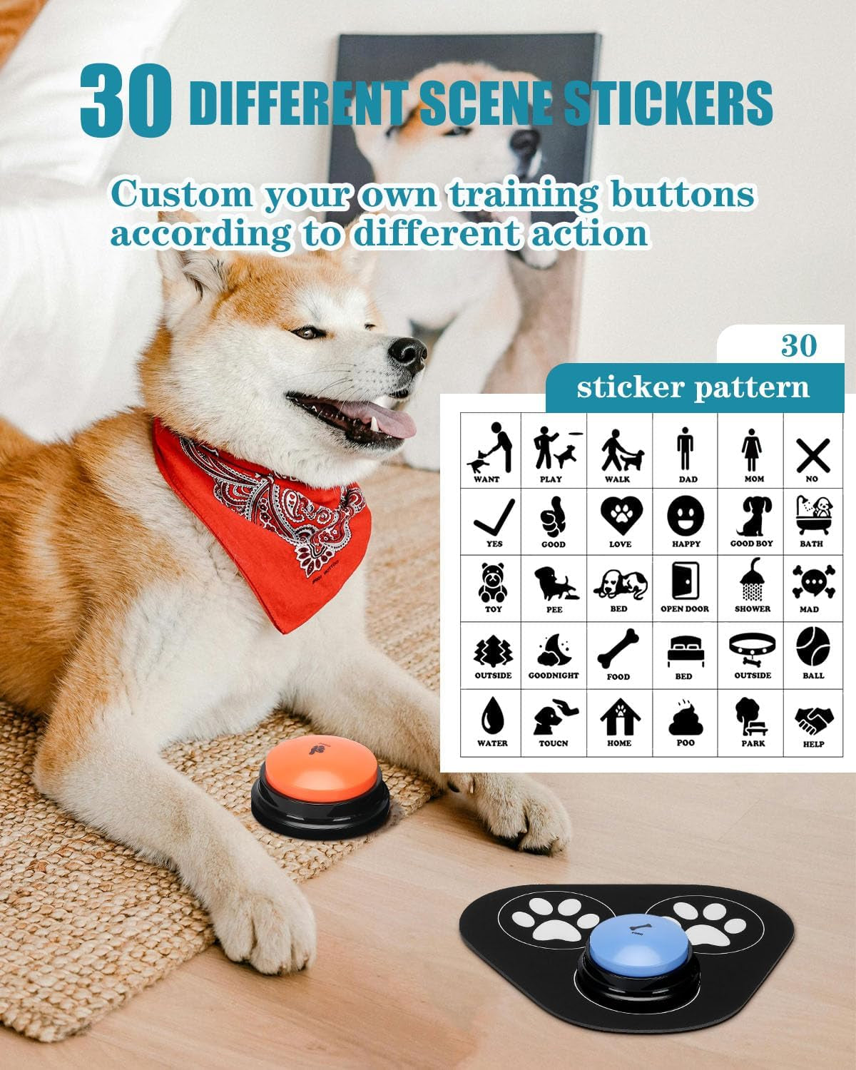 Dog Communication Buttons Set - 9 Piece Talking Button Kit with 30 Seconds Voice Recording, Scene Stickers, and Waterproof Anti-Slip Mat for Effective Pet Training