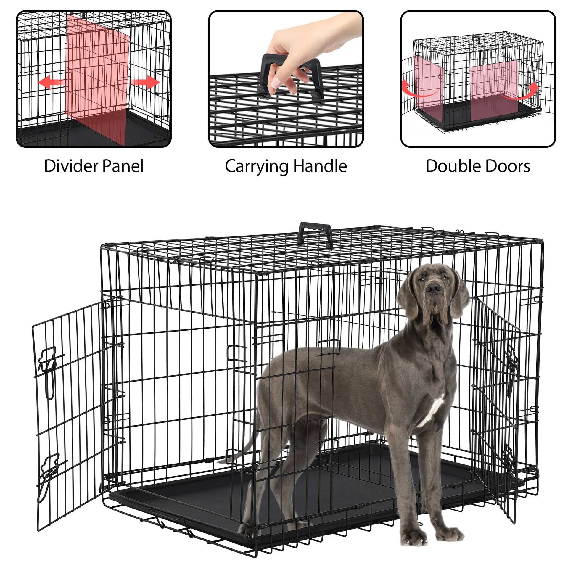 48-Inch Foldable Dog Crate for Large Breeds with Double Doors and Plastic Tray - Outdoor Metal Wire Kennel with Handle, Black