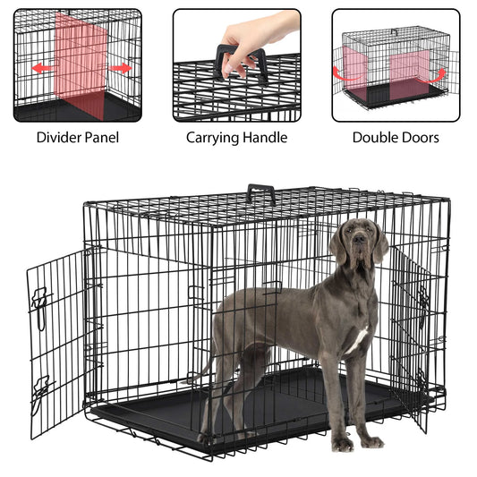 48-Inch Foldable Dog Crate for Large Breeds with Double Doors and Plastic Tray - Outdoor Metal Wire Kennel with Handle, Black