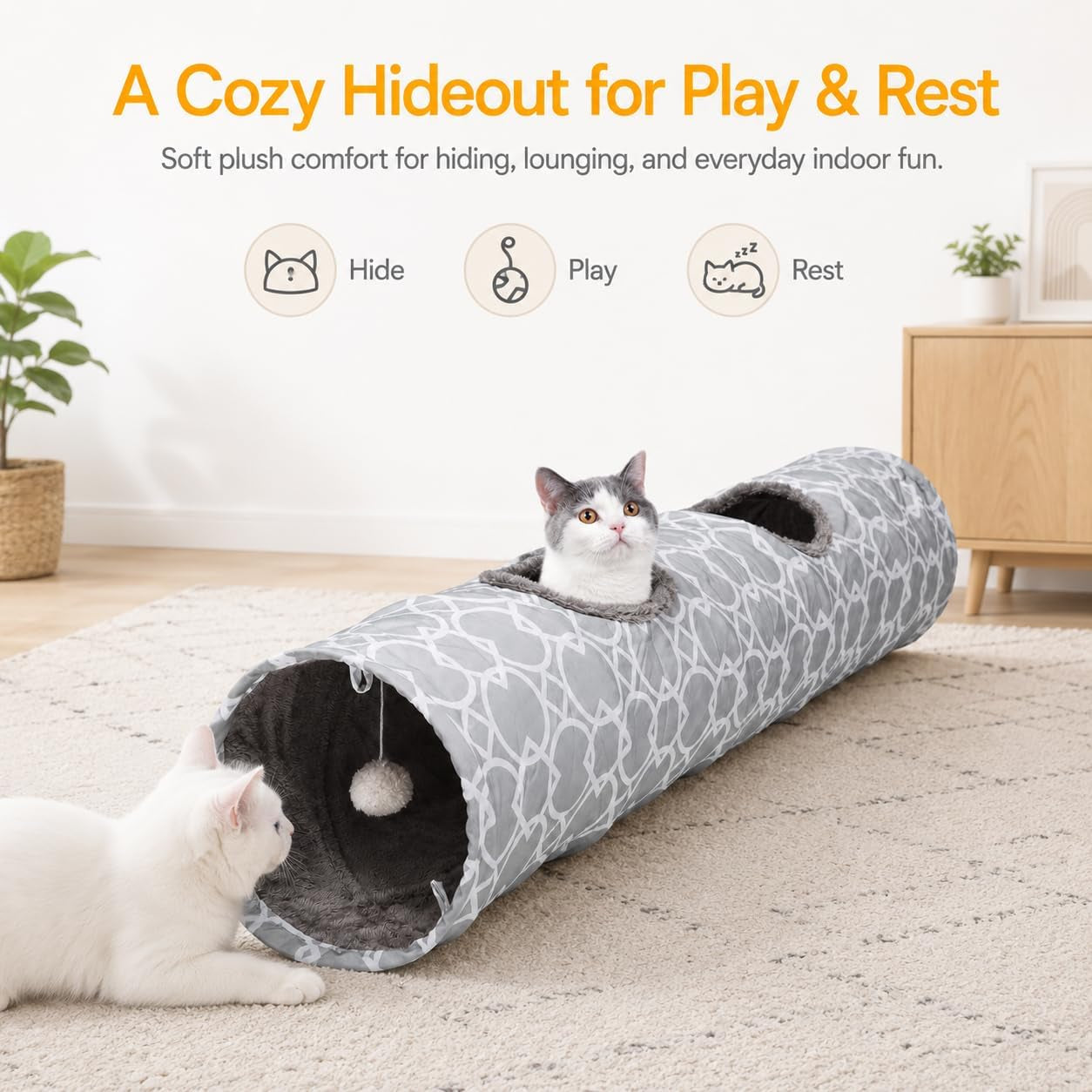 Geometric Collapsible Cat Tunnel with Plush Interior and Balls, Suitable for Kittens, Rabbits, Ferrets, and Puppies, Diameter 9.8 Inches