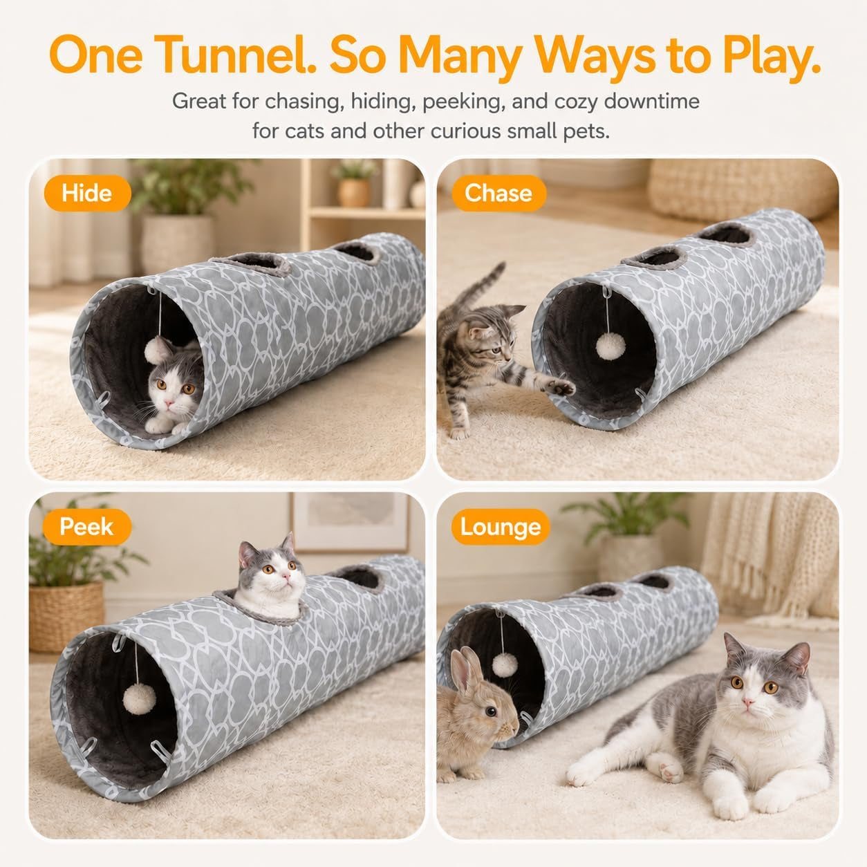 Geometric Collapsible Cat Tunnel with Plush Interior and Balls, Suitable for Kittens, Rabbits, Ferrets, and Puppies, Diameter 9.8 Inches